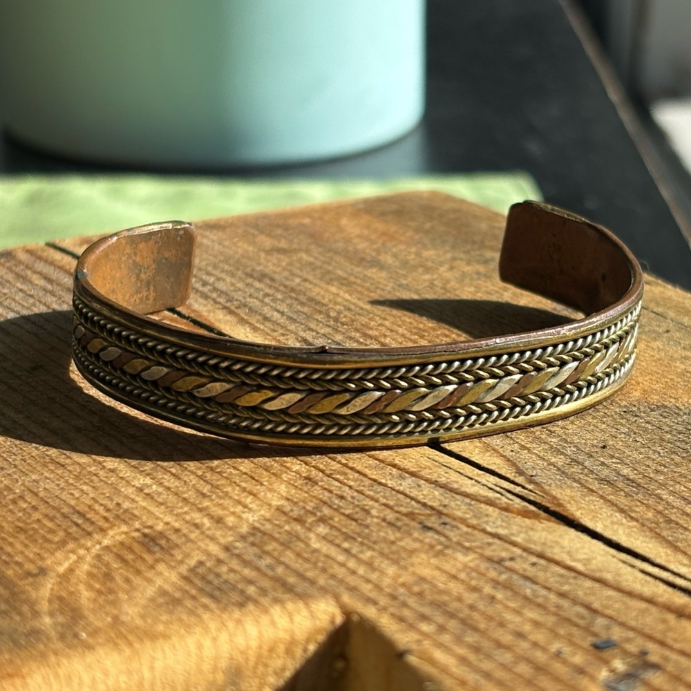 Braided tri coloured Gold, bronze and silver Tone Cuff Bracelet